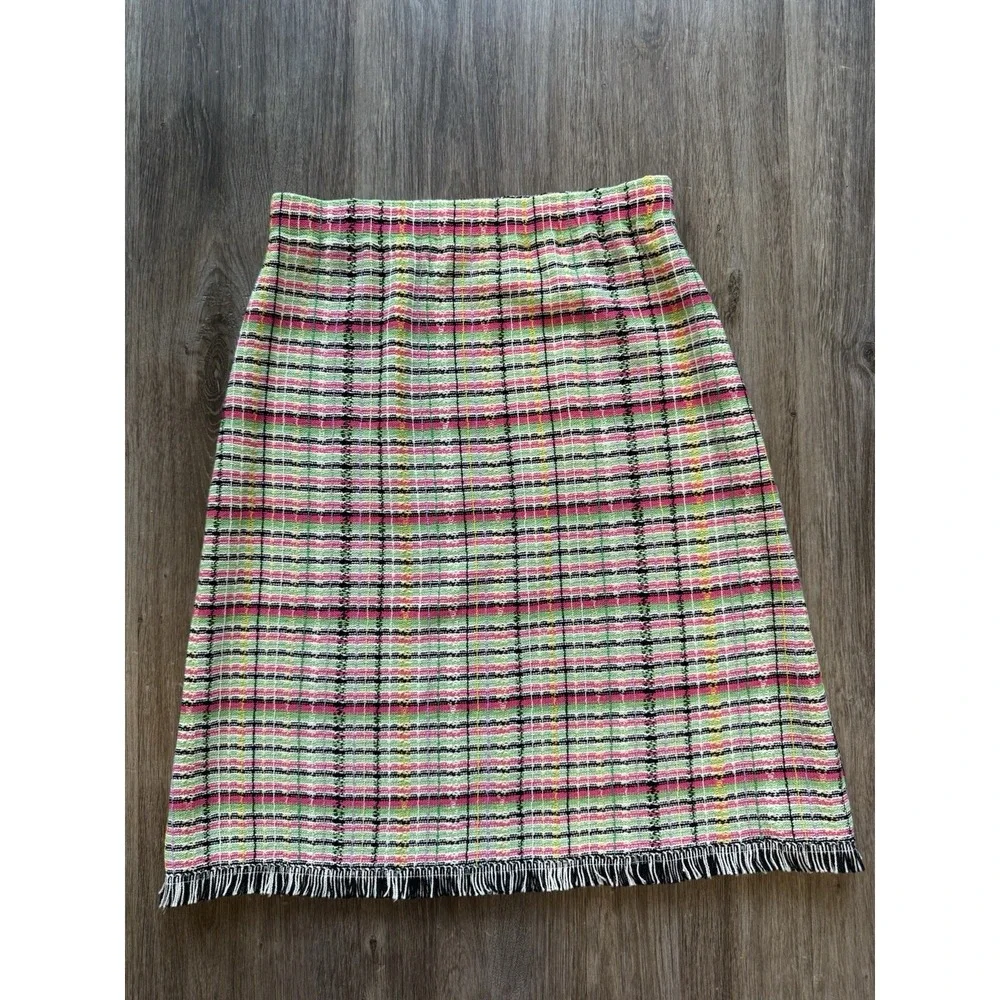 Vintage St. John Collection Knit Fringe Multicolor Plaid Jacket Skirt Suit Set - Picture 15 of 16